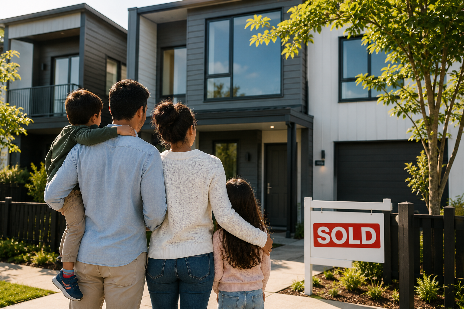 Image of a family standing in front of their newly purchased home