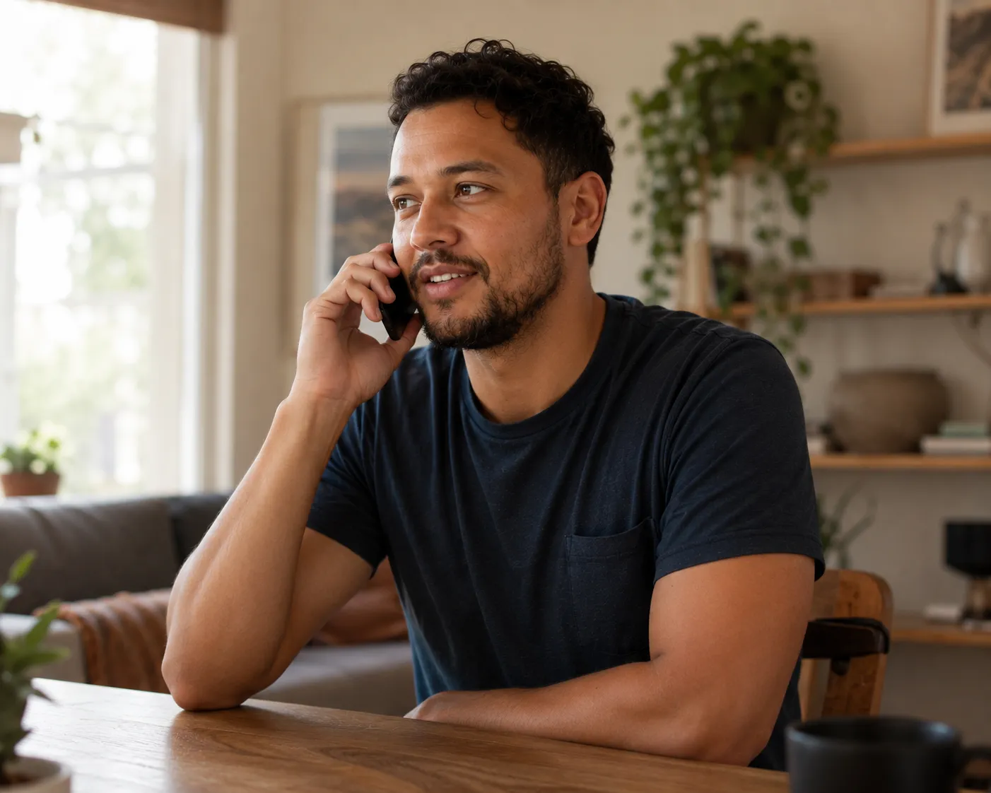 Image showing a man making a phone call from his living room table